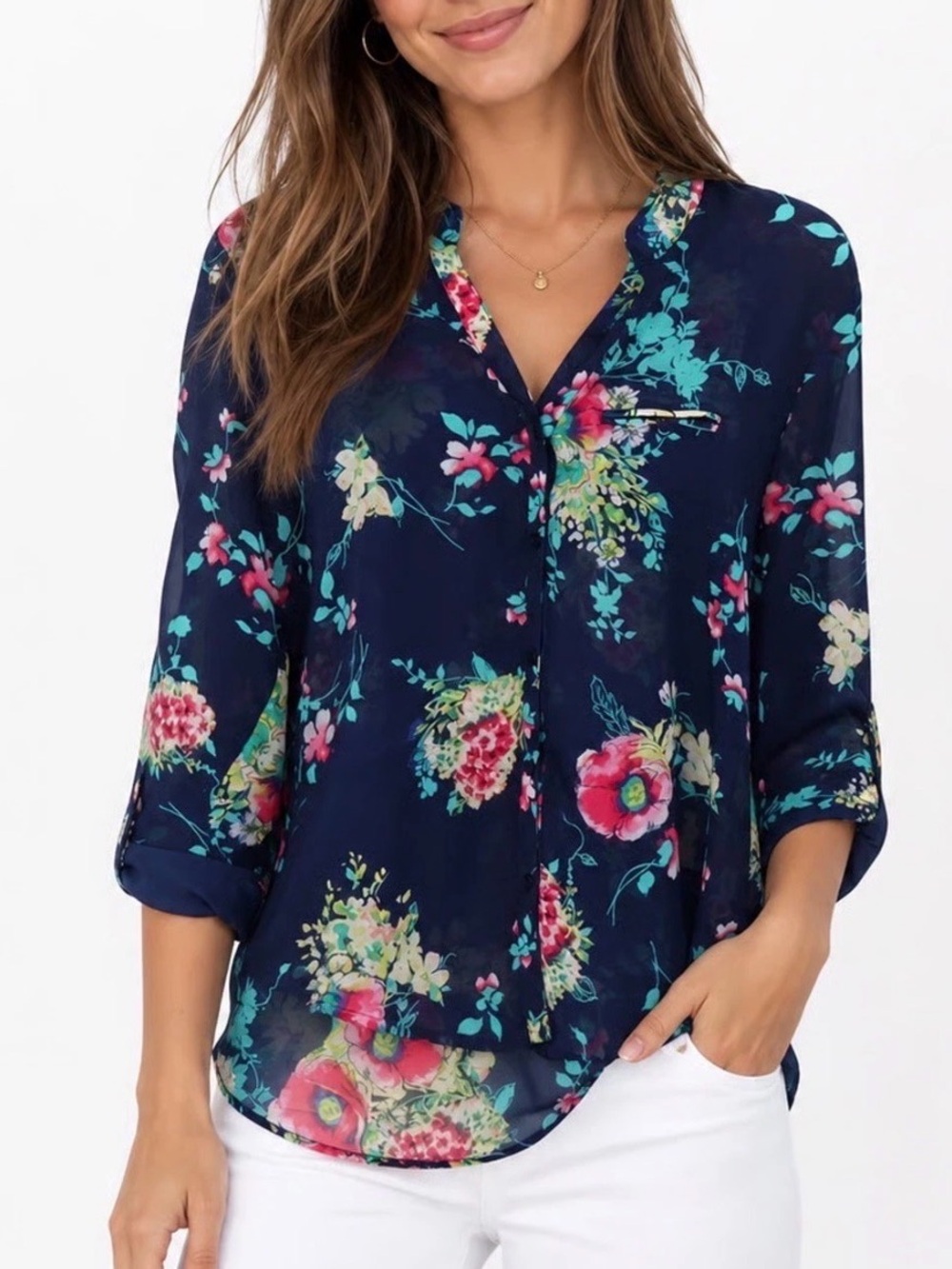 KUT FROM THE KLOTH Botanical Floral  Button-Up Blouse M 20” p2p Navy Multi EUC